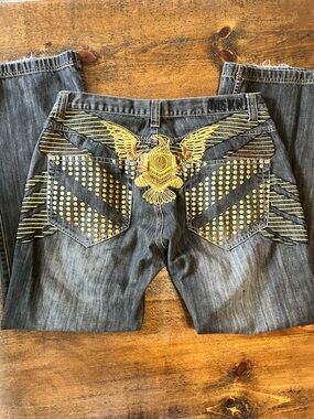 Vintage Y2K Miskeen Embroidered Eagle Baggy Denim 38x30